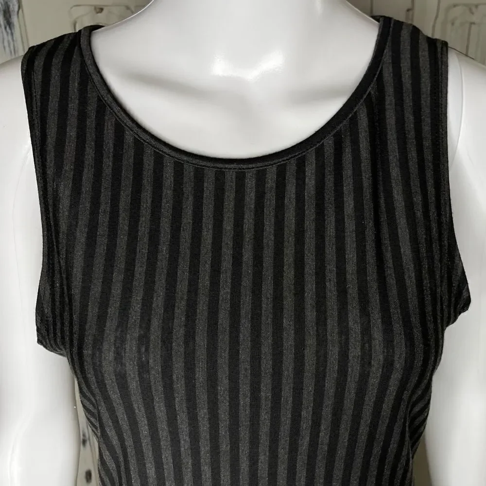 Cleo Black Gray Stripe Fringe Hemline Sleeveless Midi Dress Size Medium - Picture 5 of 16